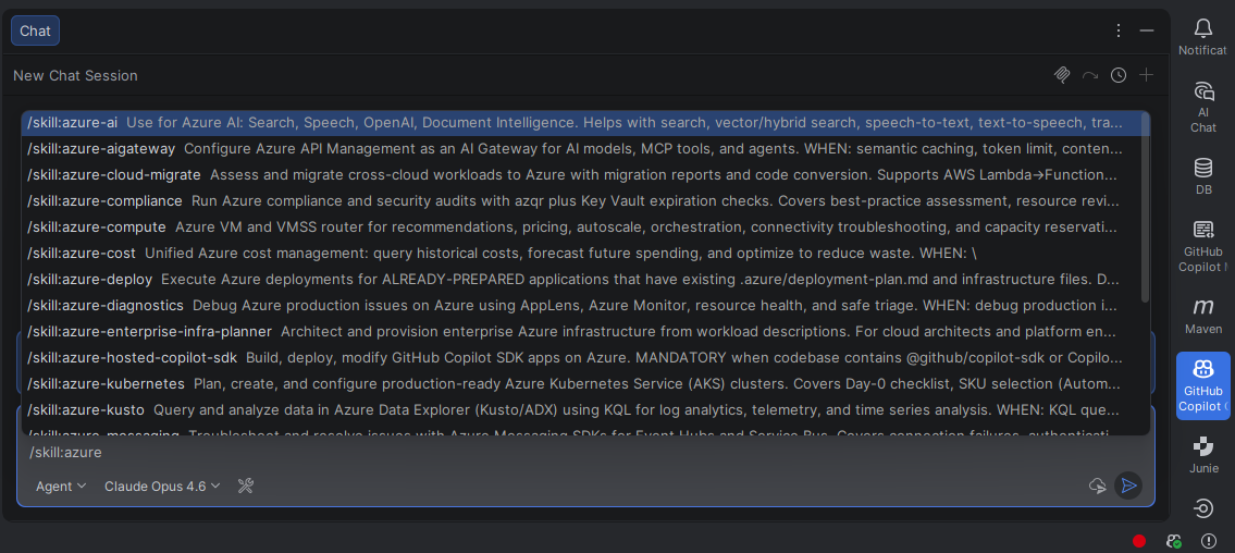 A screenshot showing the Azure Skills verification output in IntelliJ IDEA.