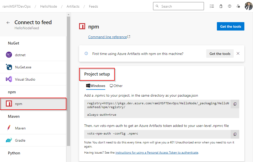 A screenshot displaying how to set up your npm project and connect to a feed.