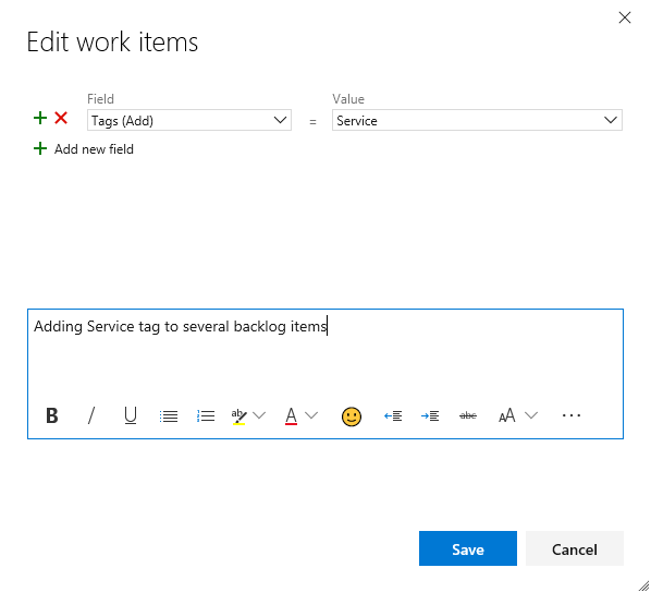 Screenshot of Edit work items dialog with Tags (Add) selected and a tag value entered.