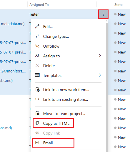 Screenshot shows multiselect items, open context menu, Copy as HTML or Email.