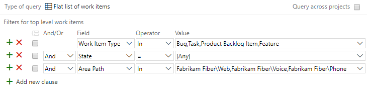 Screenshot that shows a query on Area Path for several areas.
