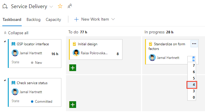 Screenshot of Taskboard card showing the Remaining Work field.