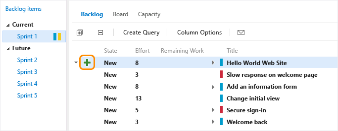 Screenshot that shows the Sprint backlog Add a task experience.