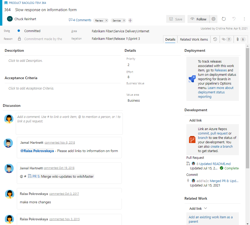 Screenshot that shows the Product backlog item work item form.