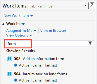 Screenshot of Visual Studio, Team Explorer, Work Items page, Filter based on a key word.