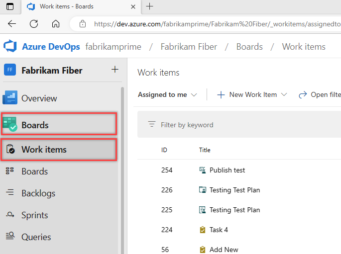 Screenshot shows Azure Boards with Work items selected.