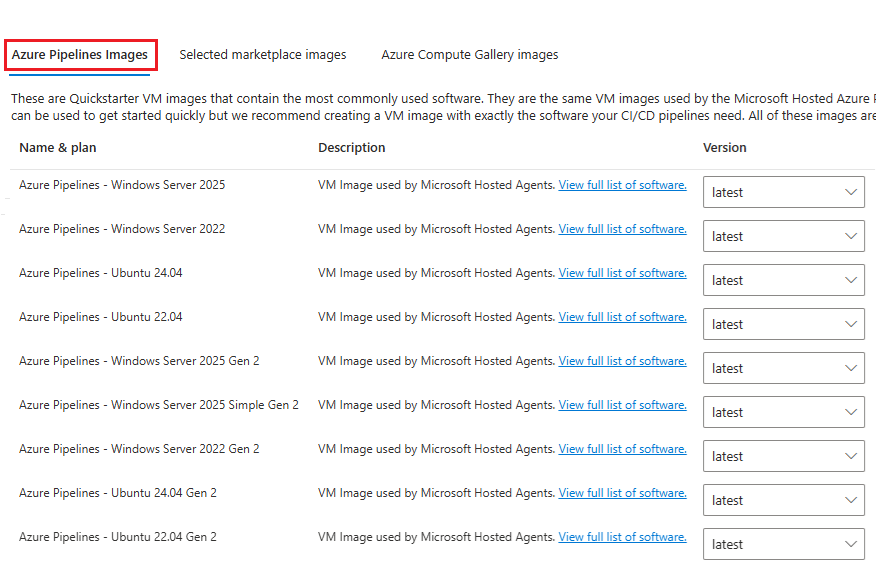 Screenshot that shows Azure Pipelines images.