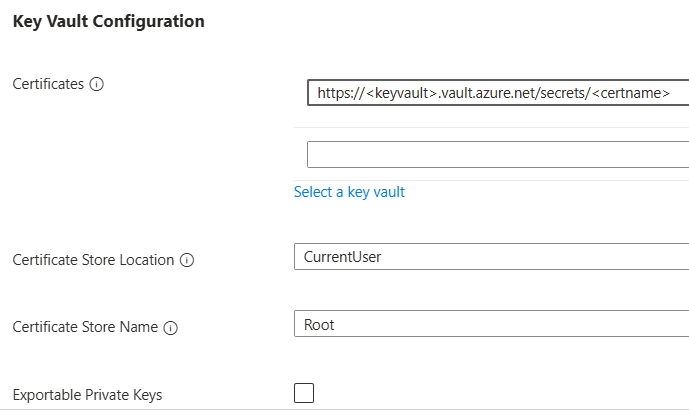 Screenshot that shows how to configure key vault certificates.