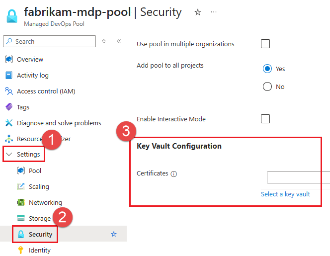 Screenshot that shows Azure Key Vault integration settings.