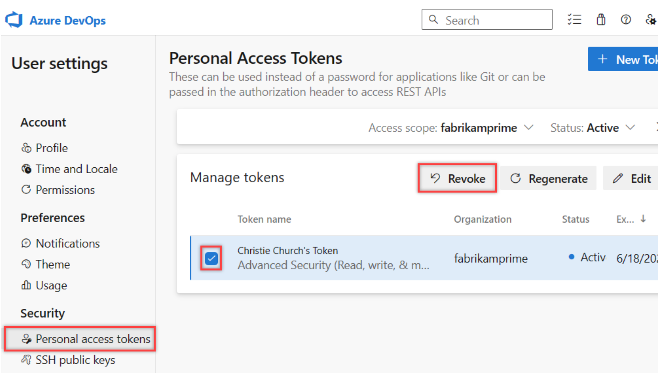 Screenshot shows Revoke option for a selected token on the Personal access tokens page.