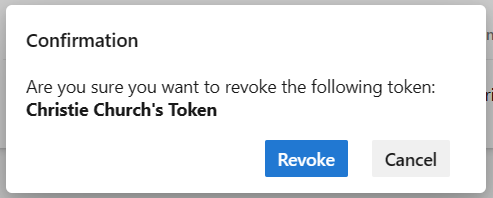 Screenshot shows Confirmation dialog to revoke a PAT.