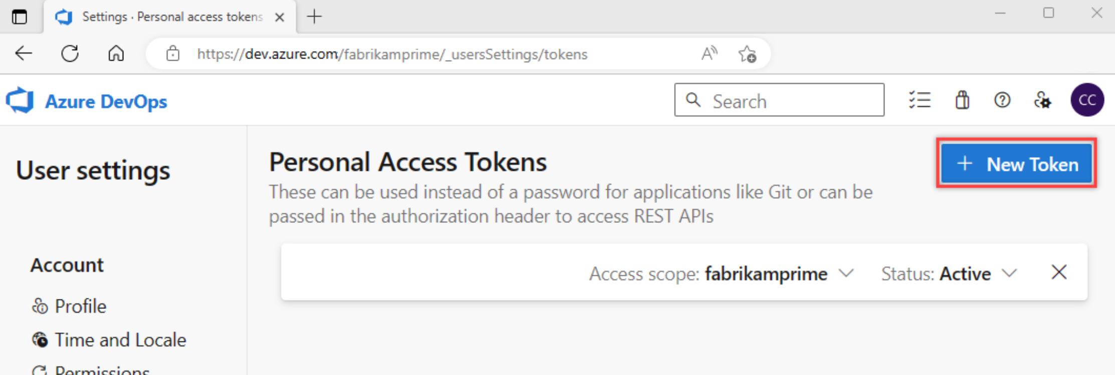Screenshot shows New Token button on the Personal access tokens page.