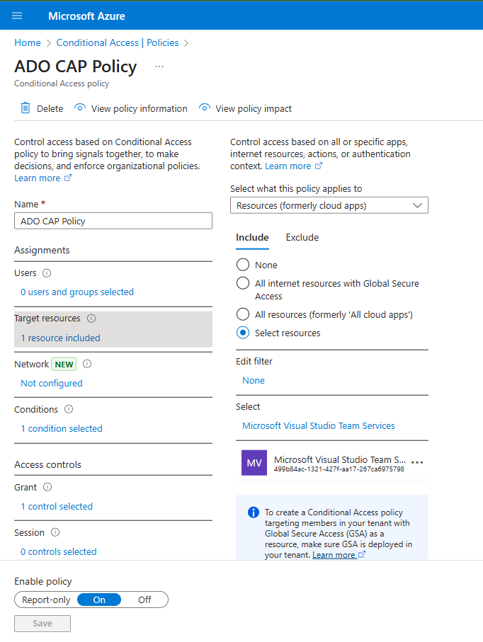 Microsoft Entra admin center, showing how to add Azure DevOps as a target resource on a new Conditional Access policy.