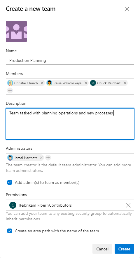 Screenshot of Create a new team dialog.