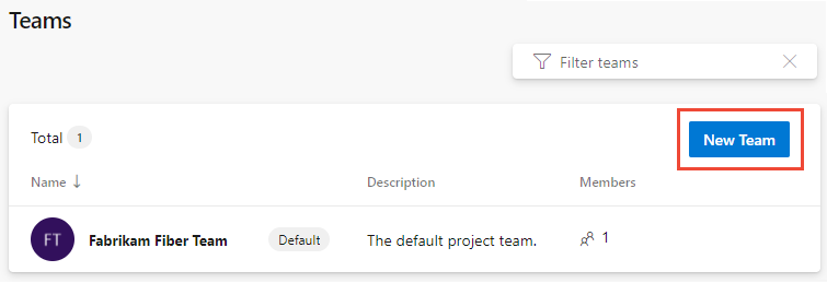 Screenshot of the New Team button.