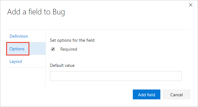 Screenshot shows the Options page where you can make the field required and specify a default value.