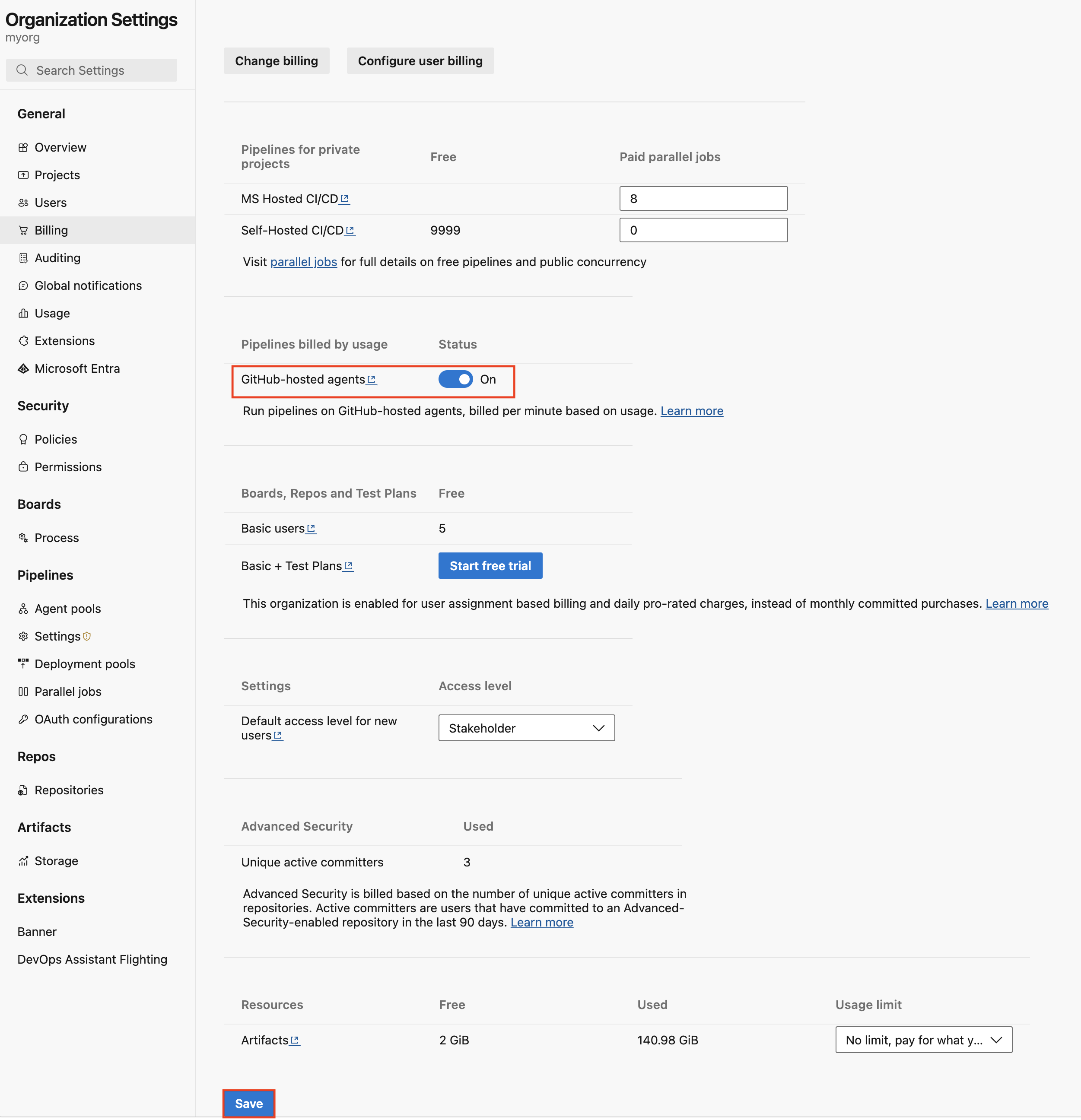 Screenshot that shows how to enable pay-as-you-go pricing.