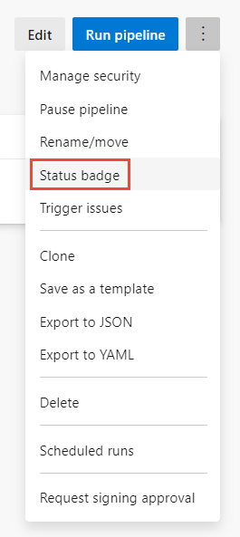 Screenshot of YAML pipeline More Actions menu with Status badge option.