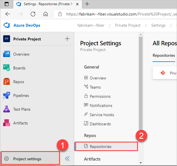 Screenshot of Azure DevOps Project Settings with Repositories selected under the Repos section.
