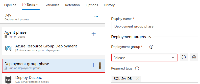 Screenshot that shows how to configure a job for the deployment group phase.