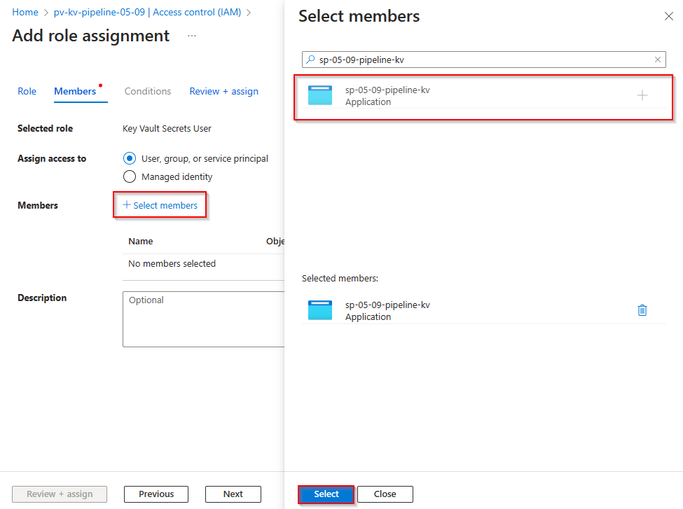 Screenshot that shows how to add a service principal as a secret user for an Azure key vault.