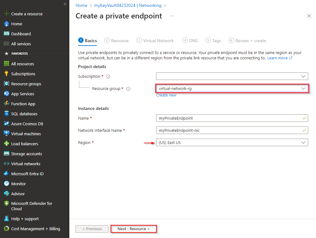 Screenshot that shows how to configure the Basics tab when you create a new private endpoint instance for your Azure key vault.