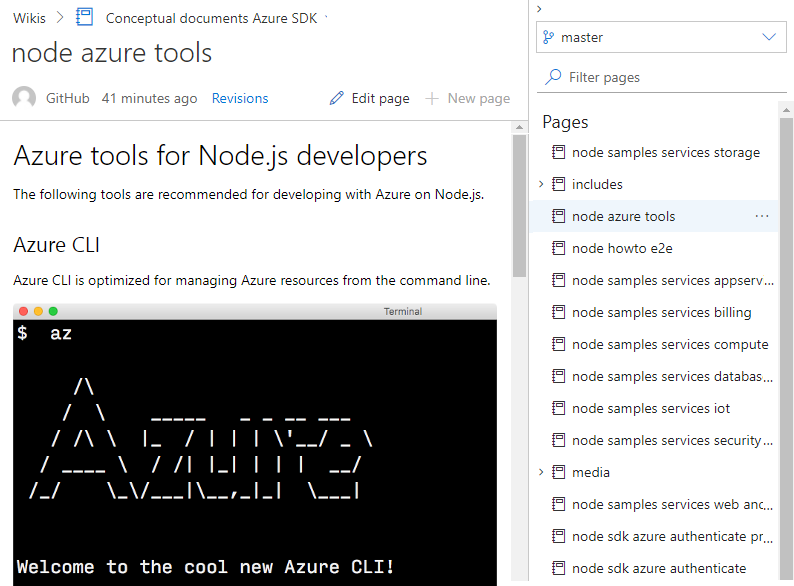 Screenshot that shows the published wiki created from Markdown files in a Git repo.