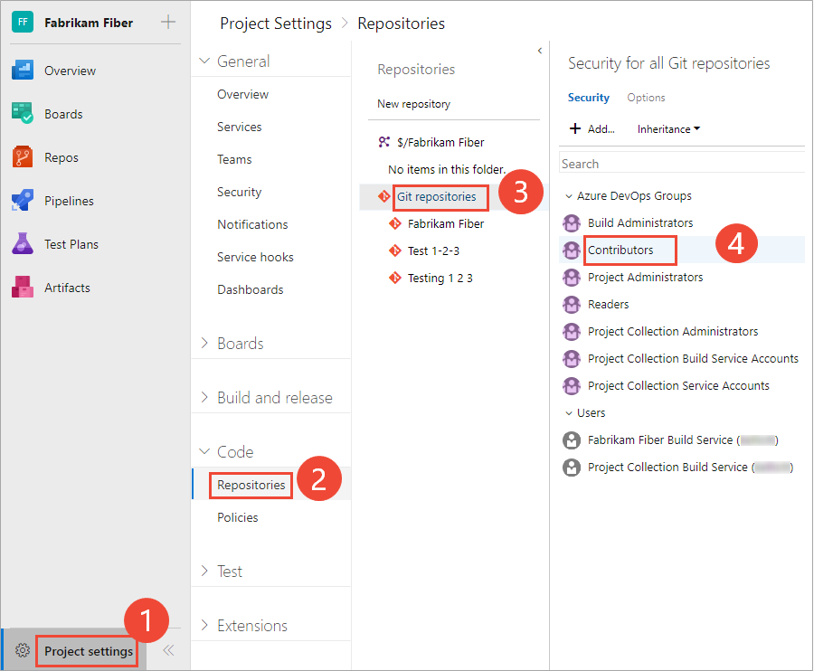 Screenshot that shows selecting Project settings > Repositories > Git repositories > Contributors.