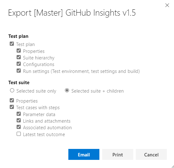 Screenshot of the Define tab showing the Export test suite dialog.