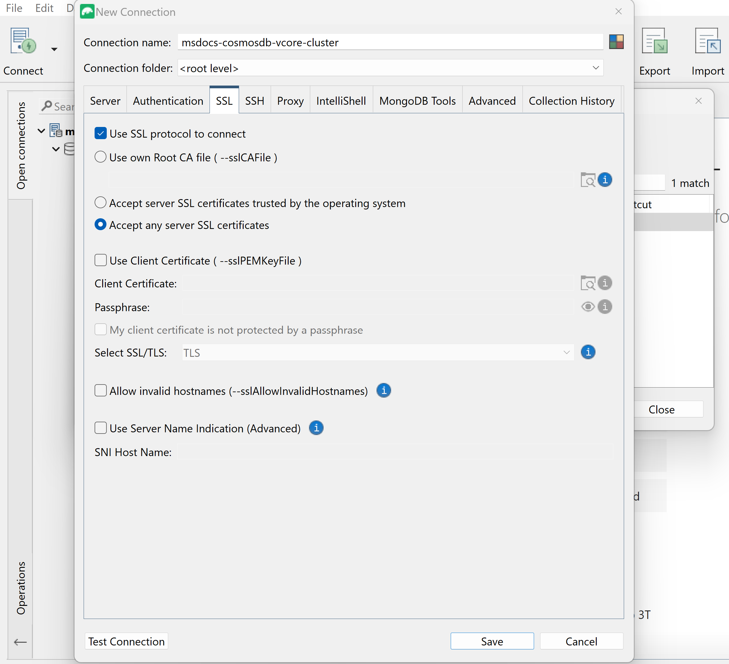Screenshot of SSL details in Studio 3T for a new connection.