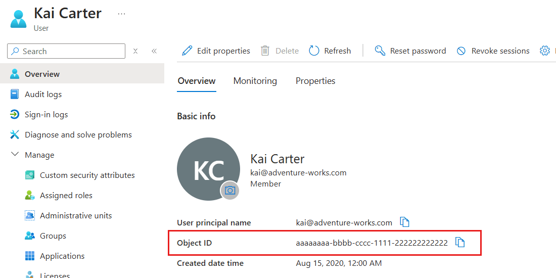Screenshot of a user's details pane with the 'Object ID' highlighted.