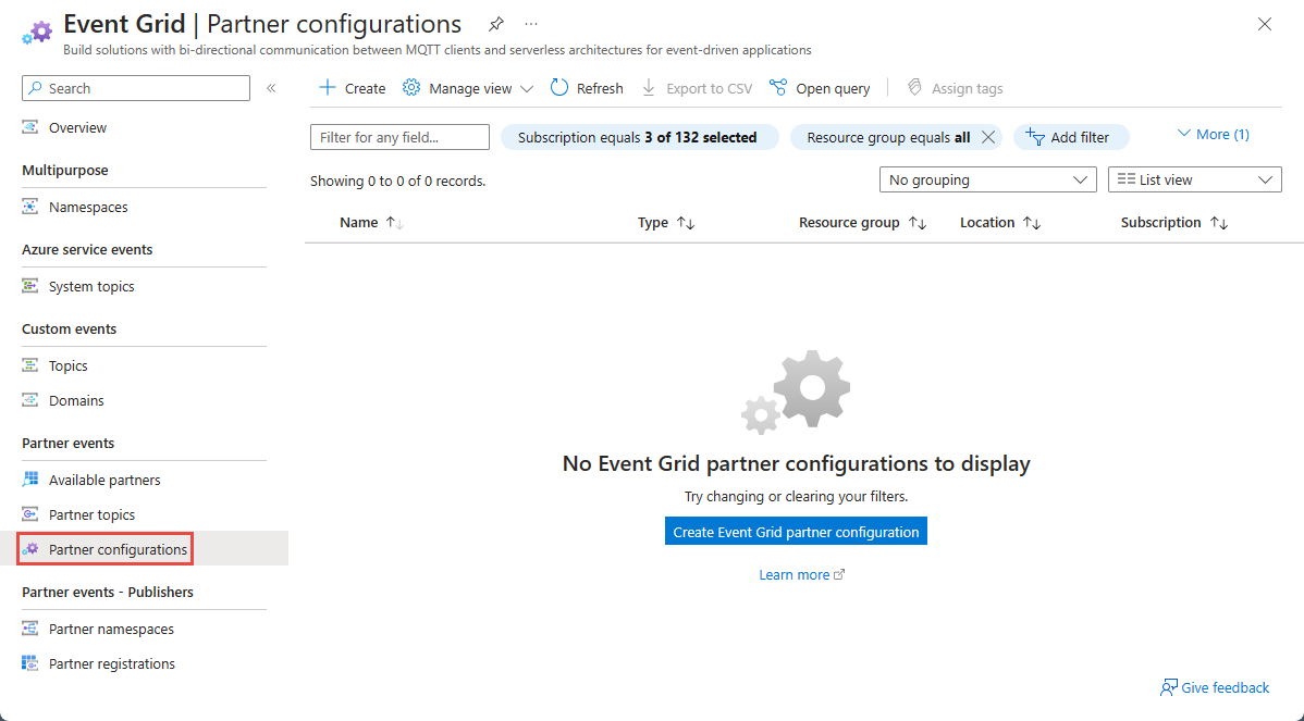 Screenshot of the Event Grid Partner Configurations page with the list of partner configurations and the link to create a partner registration.