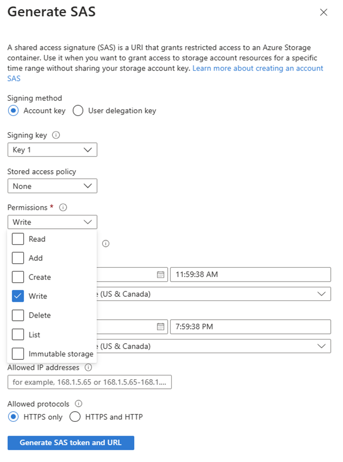 Screenshot of the Generate SAS page showing the Permissions section with Write permission selected and Read permission cleared.