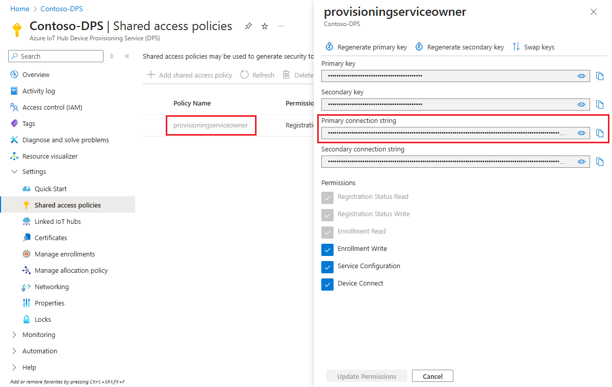 Screenshot that shows  how to get the primary connection string from the Azure portal.
