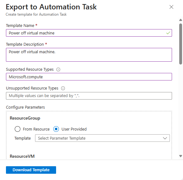 Screenshot shows the Export to Automation Task pane with example properties for an automation task template.