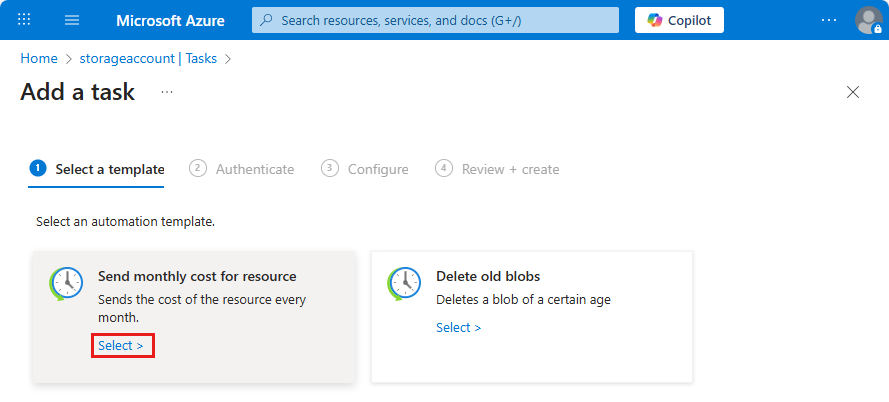 Screenshot shows the Add a task pane with the Send monthly cost for resource template highlighted and the option to select.