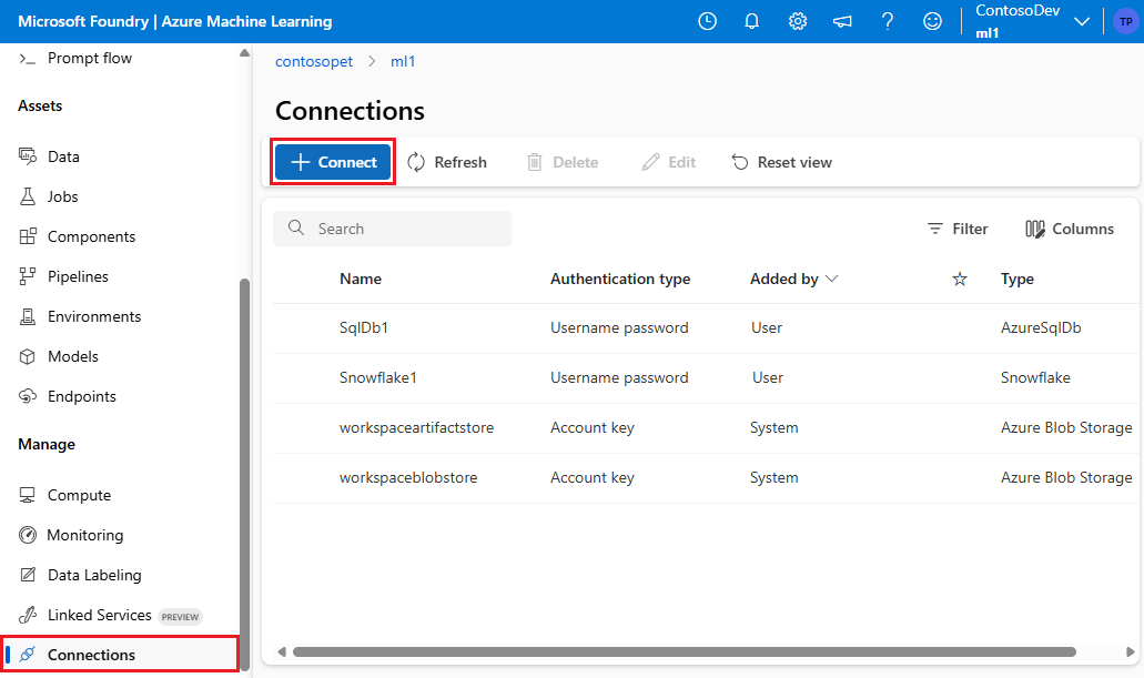Screenshot showing the start of creating a new connection in Azure Machine Learning studio UI.