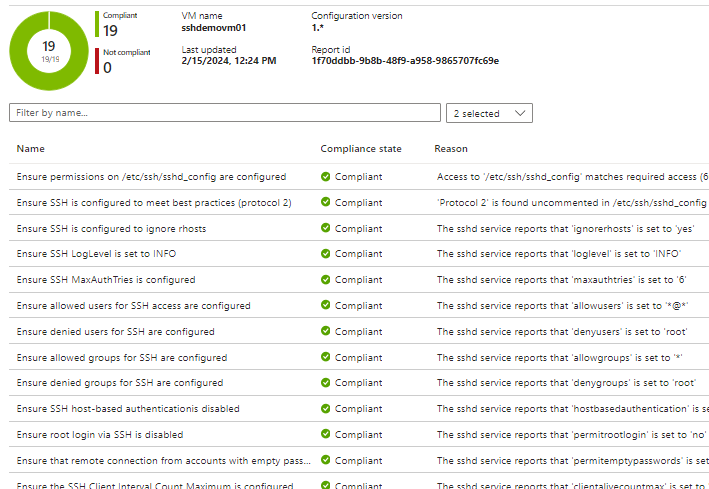 Screenshot showing list of compliant SSH checks