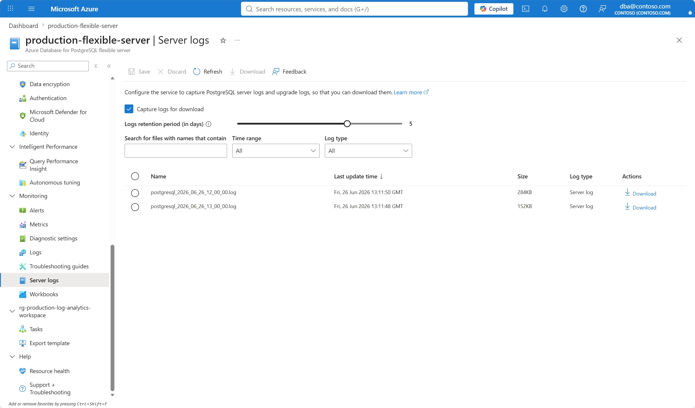 Screenshot showing the Server logs page with some logs captured and highlighting column headers.