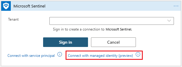 Screenshot of Microsoft Sentinel connector authentication options with Connect with managed identity selected.