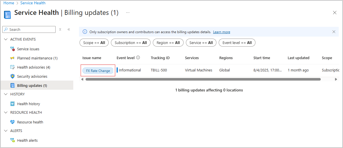Screenshot of Billing updates pane with subtype event tags.