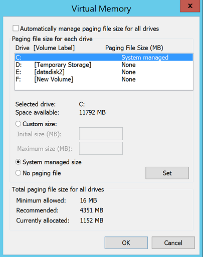 Screenshot of the Virtual Memory dialog with the C: Drive line highlighted showing a Paging File Size setting of 'System managed'.