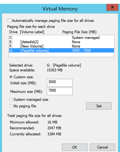 Paging file settings on the on-premises virtual machine.