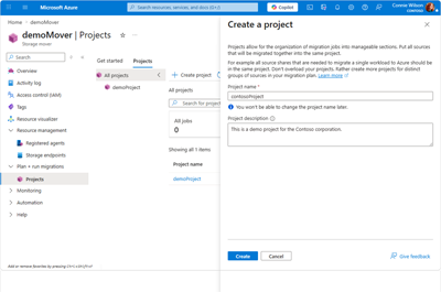 Screen capture displaying the fields relevant to the Storage Mover 'Create project' window.