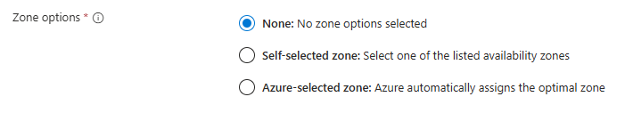 Screenshot showing the three different zonal placement options in the Azure portal.