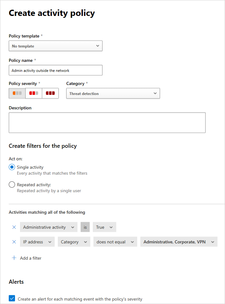 Screenshot of creating an activity policy from an investigation result.
