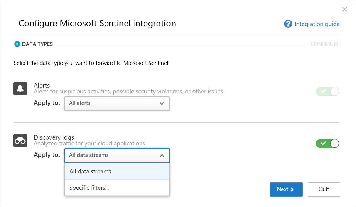Screenshot of the Configure Microsoft Sentinel integration wizard where you select alerts and discovery logs data types to forward.