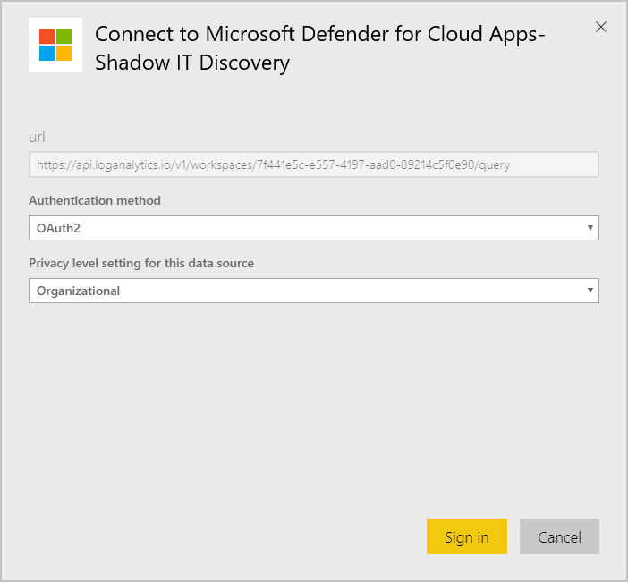 Screenshot of the authentication page for signing in to connect the Power BI Shadow IT Discovery app to Microsoft Sentinel data.