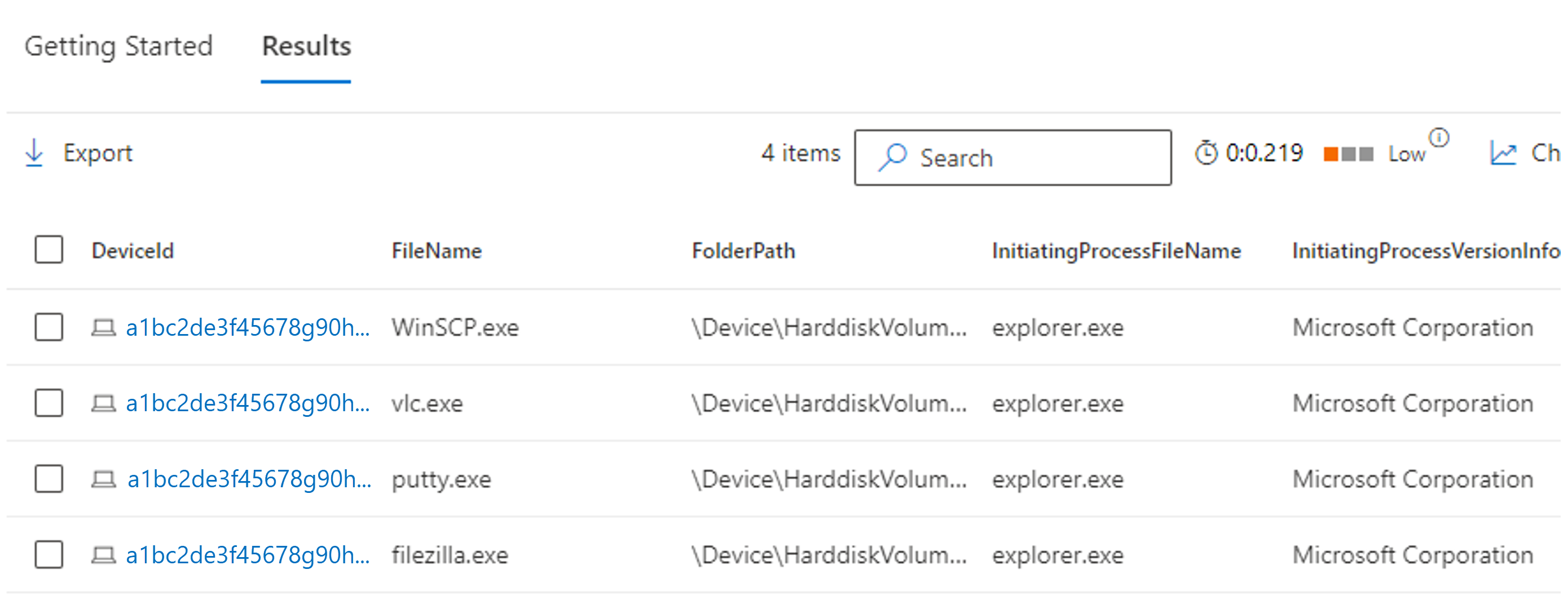 Screenshot of output of query.