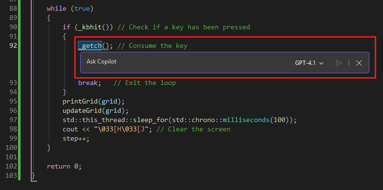 Screenshot of the Copilot chat window where you can ask Copilot to fix an issue.